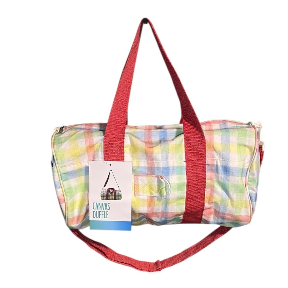 Rainbow Pastel Gingham Canvas Duffle Bag - Colorful Weekend Travel Tote